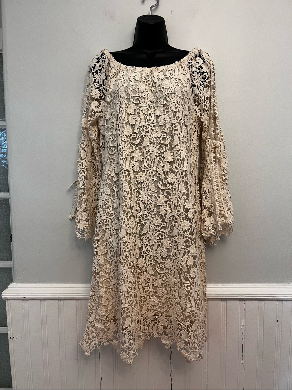 Bronte Boho Cream Cotton Lace Split Bell Sleeve Dress, Size XL